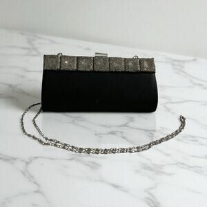 RSVP Y2K Black Satin Evening Bag w/ Silver Square Detail & Chain Strap